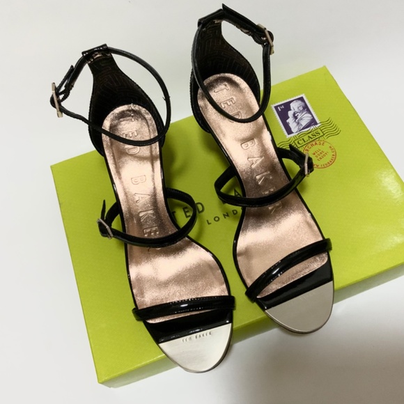 TED BAKER Weliin Black Patent Leather Wedge Sandal Ankle Strap Heels Pumps Shoes - Picture 13 of 13